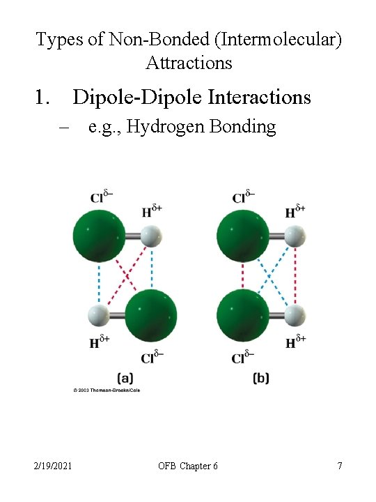 Types of Non-Bonded (Intermolecular) Attractions 1. Dipole-Dipole Interactions – e. g. , Hydrogen Bonding