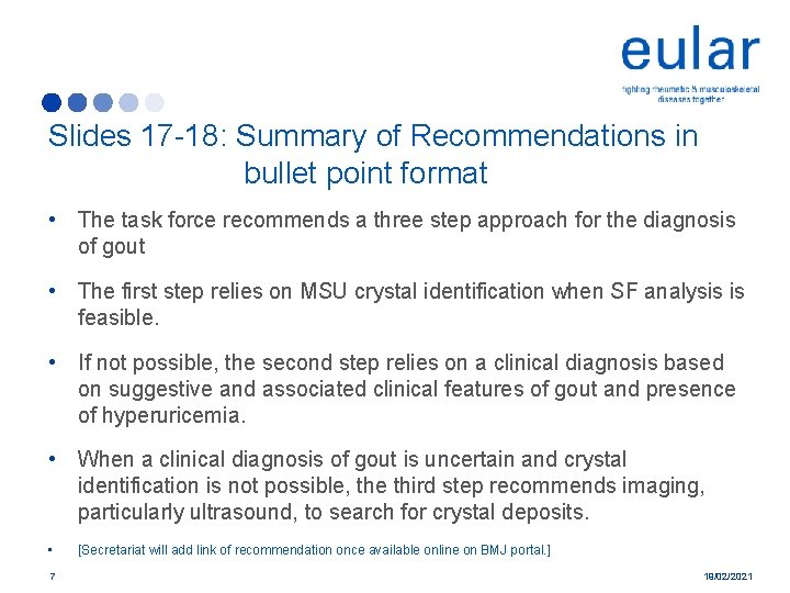 Slides 17 -18: Summary of Recommendations in bullet point format • The task force
