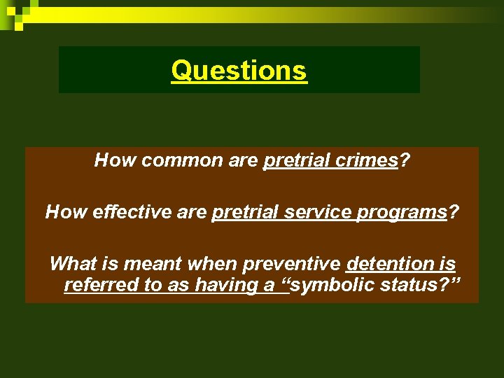 Questions How common are pretrial crimes? How effective are pretrial service programs? What is