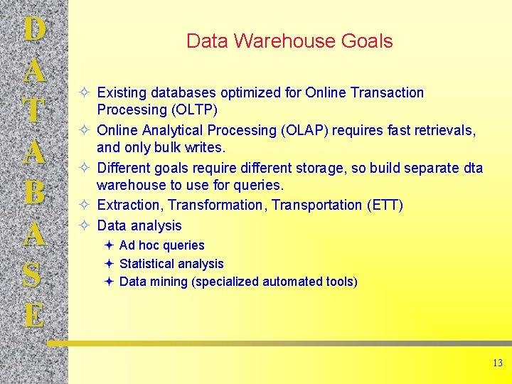 D A T A B A S E Data Warehouse Goals ² Existing databases