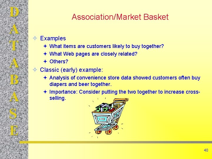 D A T A B A S E Association/Market Basket ² Examples ª What