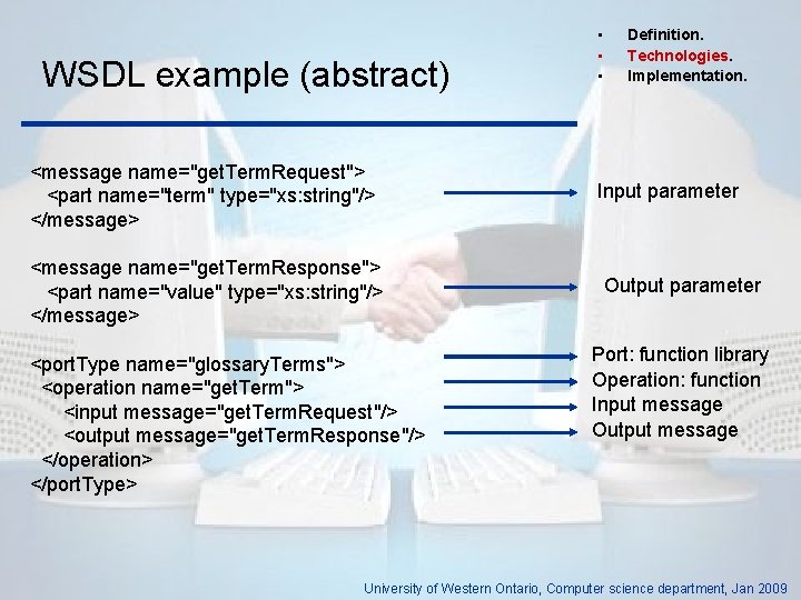 WSDL example (abstract) <message name="get. Term. Request"> <part name="term" type="xs: string"/> </message> <message name="get.