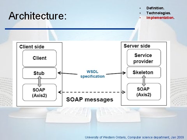 Architecture: • • • Definition. Technologies. Implementation. University of Western Ontario, Computer science department,