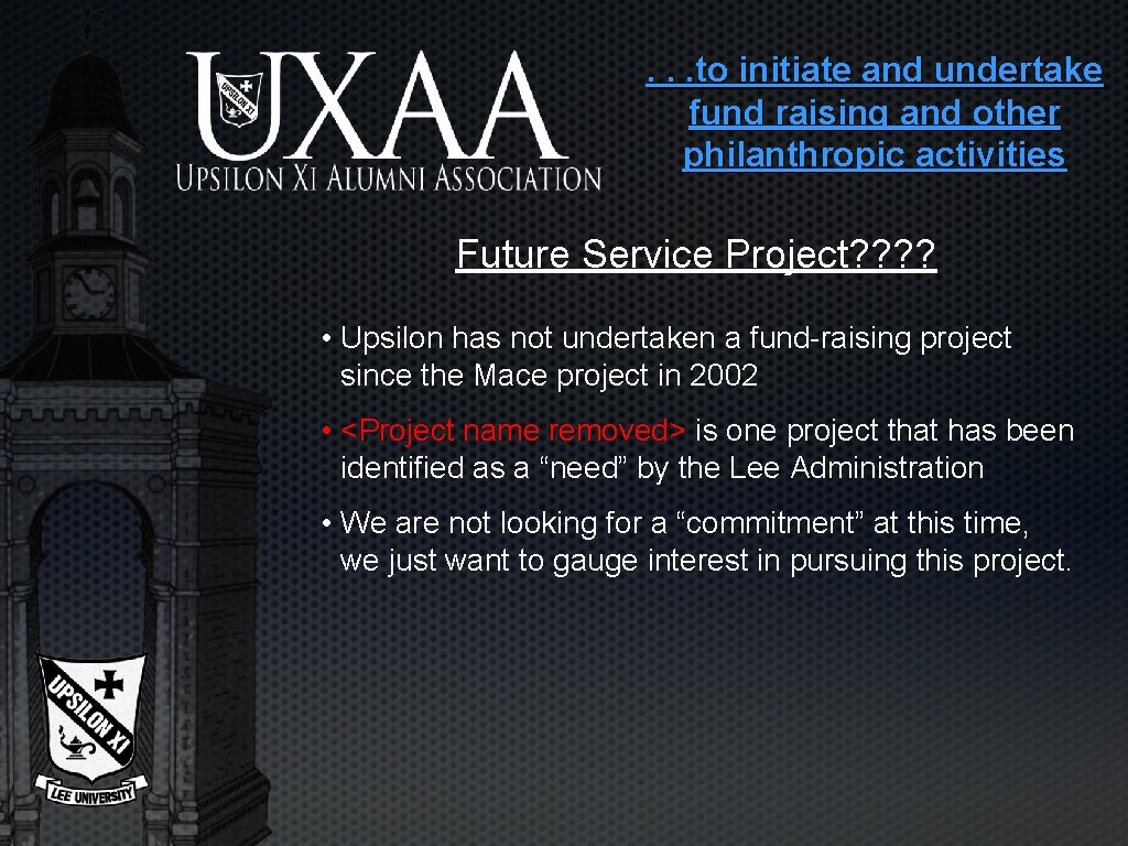 . . . to initiate and undertake fund raising and other philanthropic activities Future