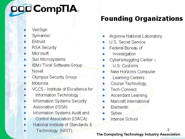 Founding Organizations Veri. Sign Symantec Entrust RSA Security Microsoft Sun Microsystems IBM / Tivoli