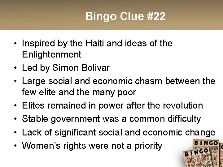 Bingo Clue #22 • Inspired by the Haiti and ideas of the Enlightenment •