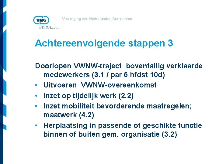 Vereniging van Nederlandse Gemeenten Achtereenvolgende stappen 3 Doorlopen VWNW-traject boventallig verklaarde medewerkers (3. 1