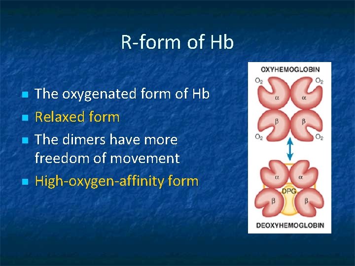 R-form of Hb n n The oxygenated form of Hb Relaxed form The dimers
