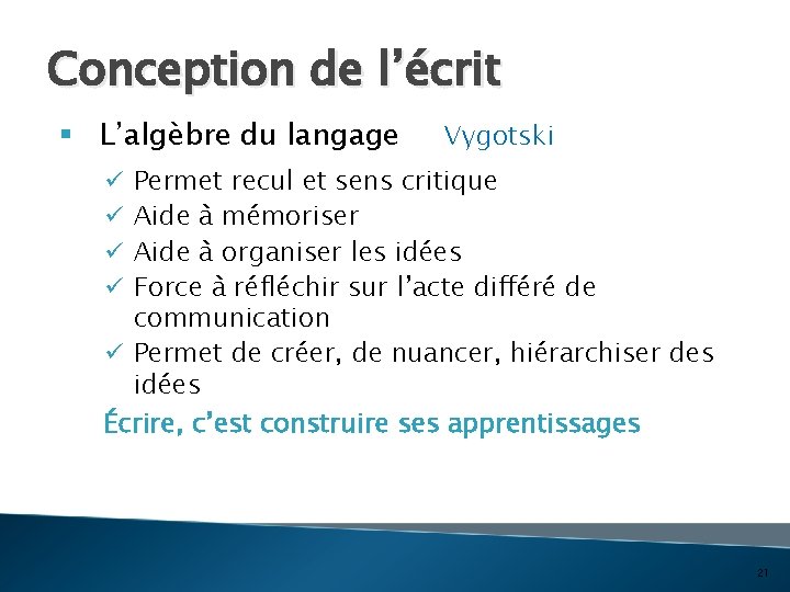 Conception de l’écrit § L’algèbre du langage Vygotski Permet recul et sens critique Aide