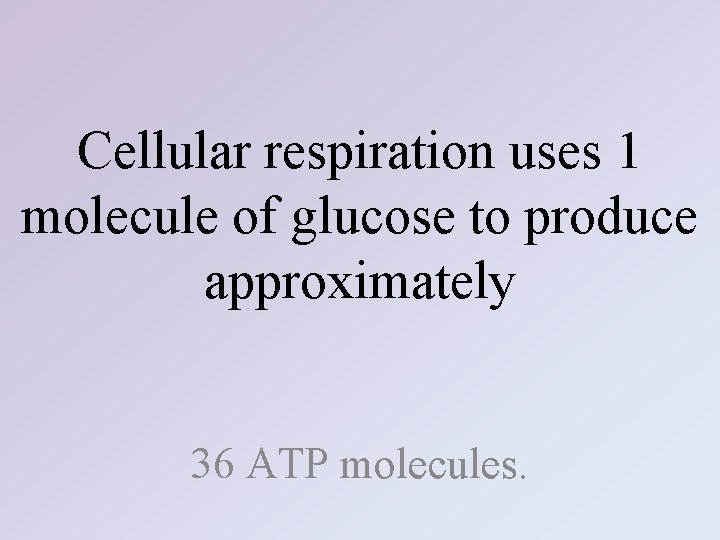 Cellular respiration uses 1 molecule of glucose to produce approximately 36 ATP molecules. 