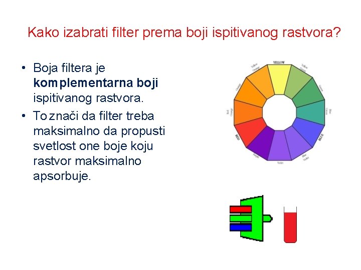 Kako izabrati filter prema boji ispitivanog rastvora? • Boja filtera je komplementarna boji ispitivanog