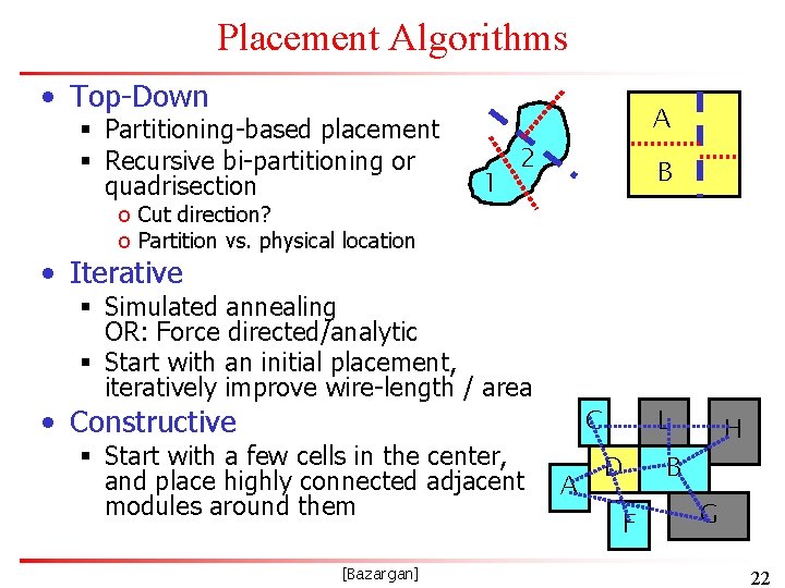 Placement Algorithms • Top-Down § Partitioning-based placement § Recursive bi-partitioning or quadrisection o Cut