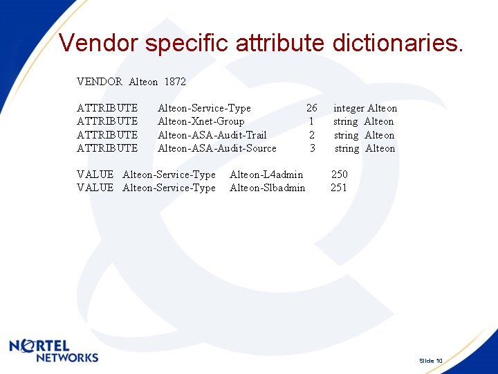 Vendor specific attribute dictionaries. VENDOR Alteon 1872 ATTRIBUTE Alteon-Service-Type Alteon-Xnet-Group Alteon-ASA-Audit-Trail Alteon-ASA-Audit-Source VALUE Alteon-Service-Type