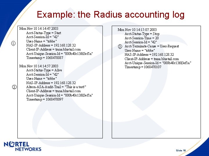 Example: the Radius accounting log 1. Mon Nov 10 14: 47 2003 Acct-Status-Type =