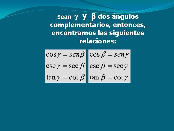 Sean y dos ángulos complementarios, entonces, encontramos las siguientes relaciones: 