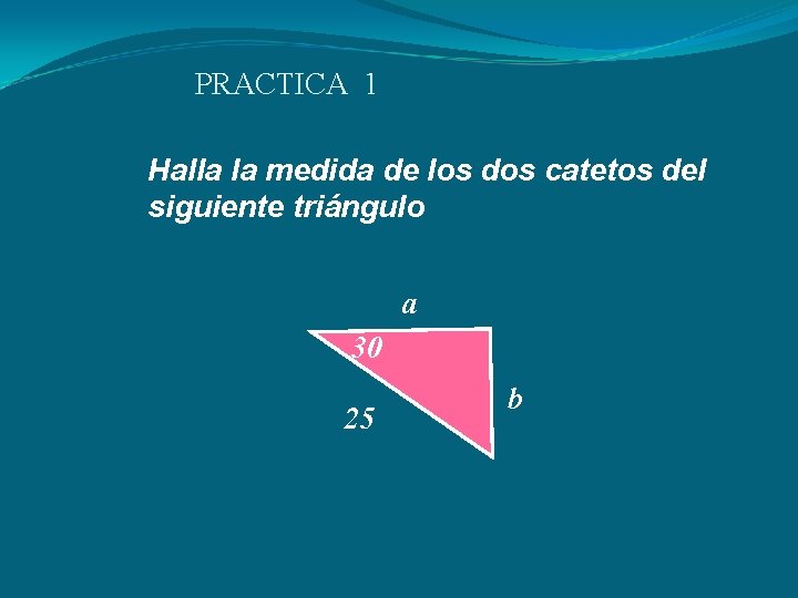 PRACTICA 1 Halla la medida de los dos catetos del siguiente triángulo a 30