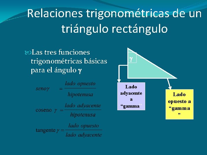 Relaciones trigonométricas de un triángulo rectángulo Las tres funciones trigonométricas básicas para el ángulo