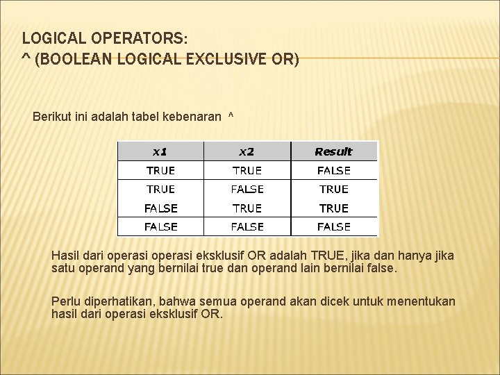 LOGICAL OPERATORS: ^ (BOOLEAN LOGICAL EXCLUSIVE OR) Berikut ini adalah tabel kebenaran ^ Hasil