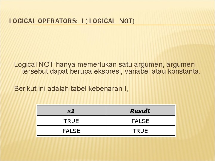 LOGICAL OPERATORS: ! ( LOGICAL NOT) Logical NOT hanya memerlukan satu argumen, argumen tersebut