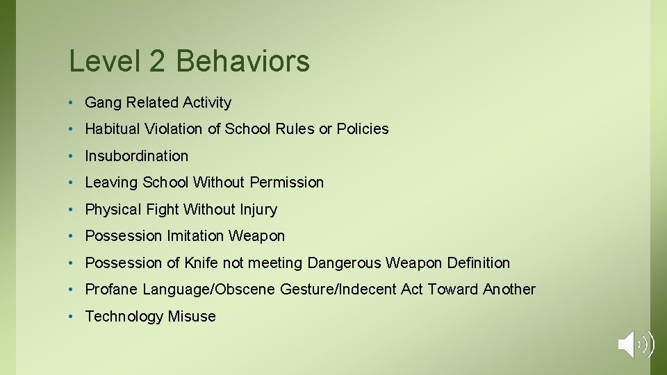 Level 2 Behaviors • Gang Related Activity • Habitual Violation of School Rules or