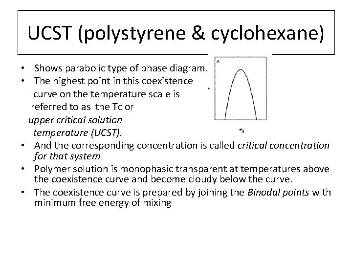 UCST (polystyrene & cyclohexane) • Shows parabolic type of phase diagram. • The highest