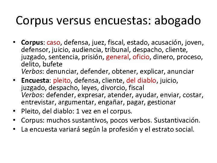 Corpus versus encuestas: abogado • Corpus: caso, defensa, juez, fiscal, estado, acusación, joven, defensor,