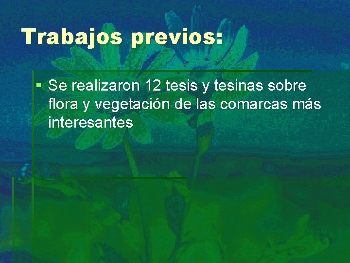 Trabajos previos: § Se realizaron 12 tesis y tesinas sobre flora y vegetación de