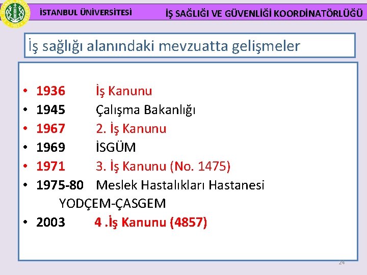 İSTANBUL ÜNİVERSİTESİ İŞ SAĞLIĞI VE GÜVENLİĞİ KOORDİNATÖRLÜĞÜ İş sağlığı alanındaki mevzuatta gelişmeler • 1936