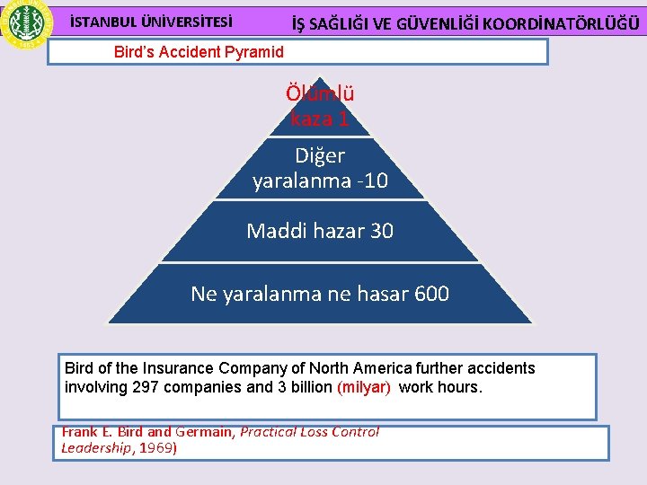 İSTANBUL ÜNİVERSİTESİ İŞ SAĞLIĞI VE GÜVENLİĞİ KOORDİNATÖRLÜĞÜ Bird’s Accident Pyramid Ölümlü kaza 1 Diğer