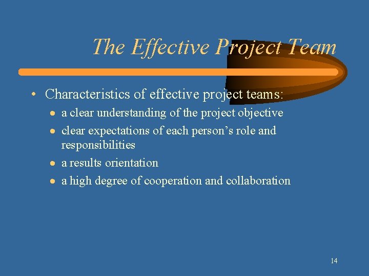 The Effective Project Team • Characteristics of effective project teams: · a clear understanding