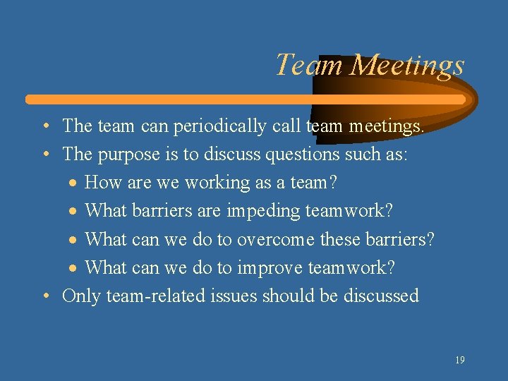 Team Meetings • The team can periodically call team meetings. • The purpose is