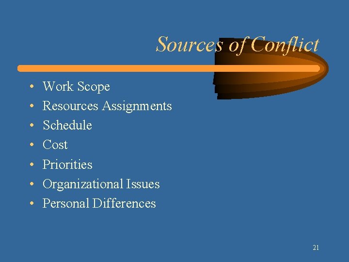 Sources of Conflict • • Work Scope Resources Assignments Schedule Cost Priorities Organizational Issues