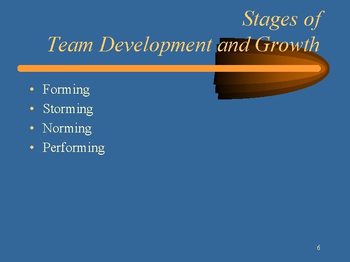 Stages of Team Development and Growth • • Forming Storming Norming Performing 6 
