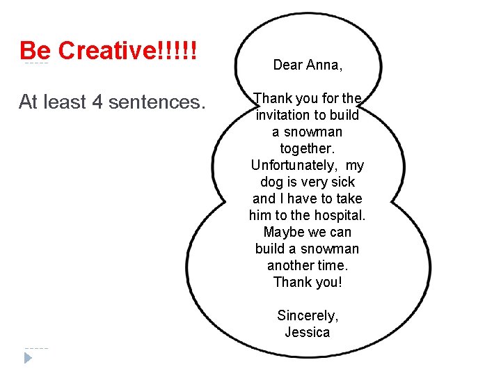 Be Creative!!!!! At least 4 sentences. Dear Anna, Thank you for the invitation to