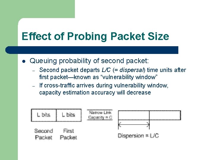 Effect of Probing Packet Size l Queuing probability of second packet: – – Second