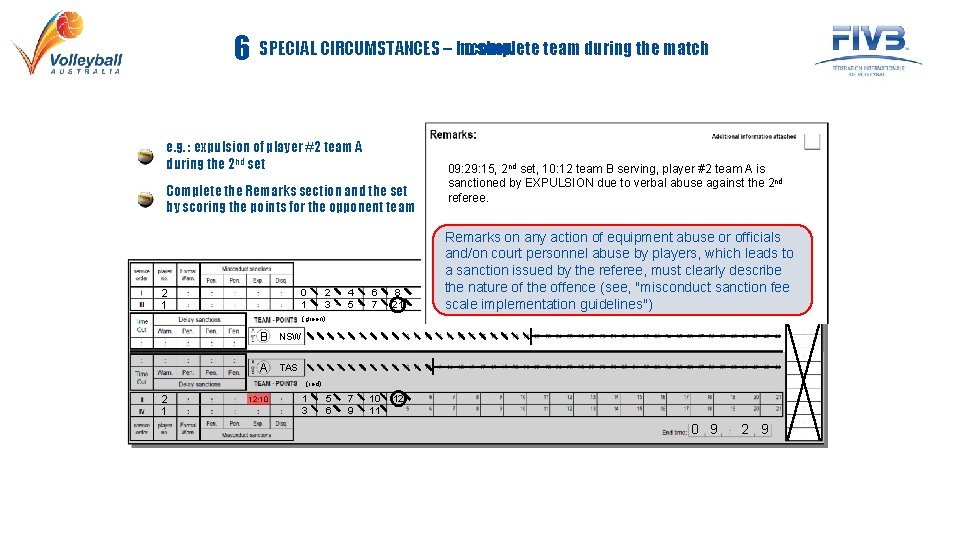 show team during the match incomplete 6 SPECIAL CIRCUMSTANCES – no e. g. :