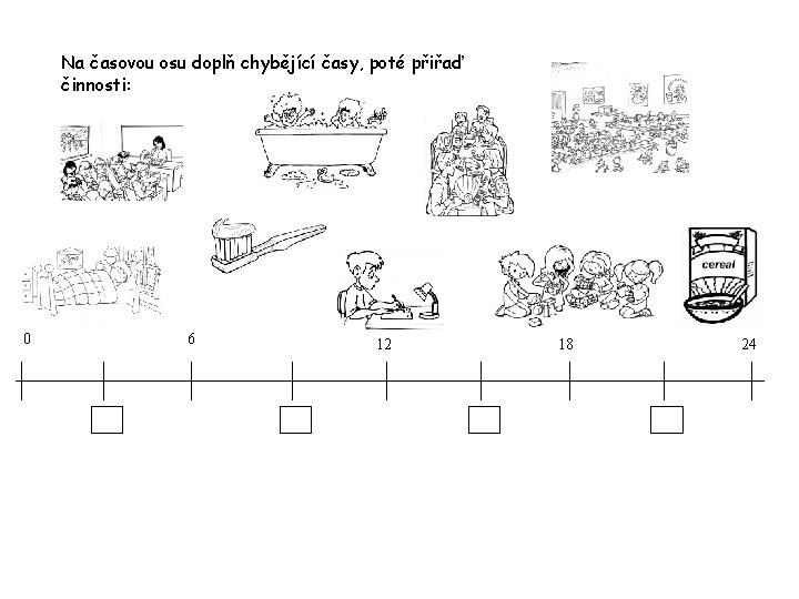 Na časovou osu doplň chybějící časy, poté přiřaď činnosti: 0 6 12 18 24