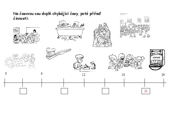 Na časovou osu doplň chybějící časy, poté přiřaď činnosti: 0 6 12 18 24