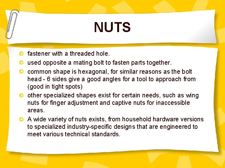 NUTS fastener with a threaded hole. used opposite a mating bolt to fasten parts