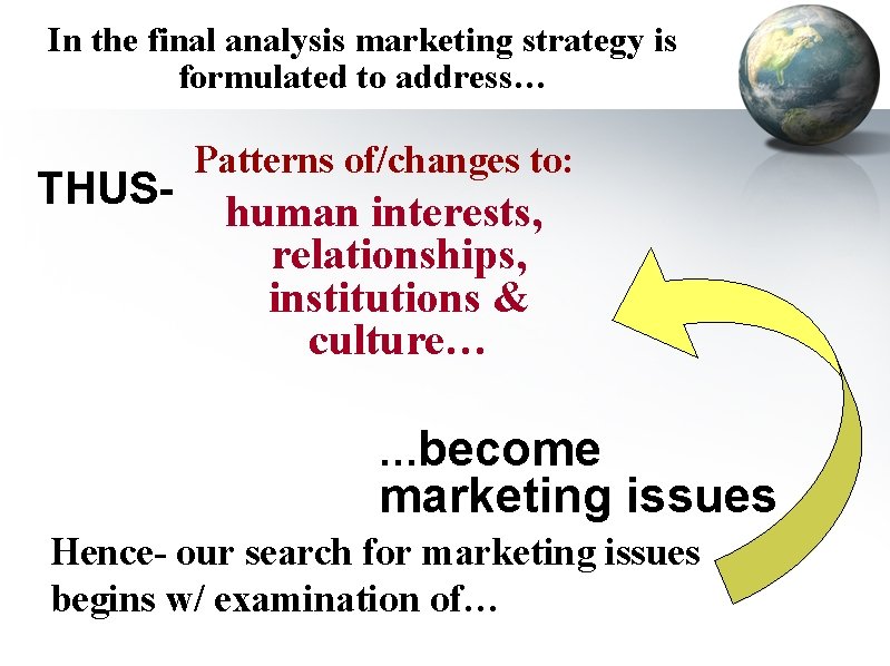 In the final analysis marketing strategy is formulated to address… THUS- Patterns of/changes to: