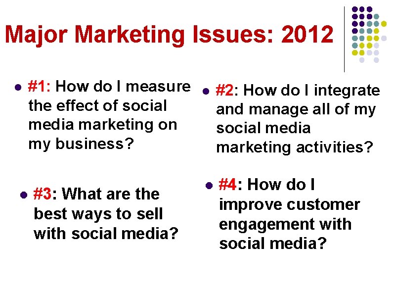 Major Marketing Issues: 2012 l l #1: How do I measure the effect of