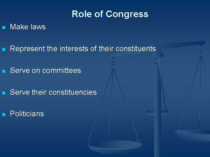 Role of Congress n Make laws n Represent the interests of their constituents n