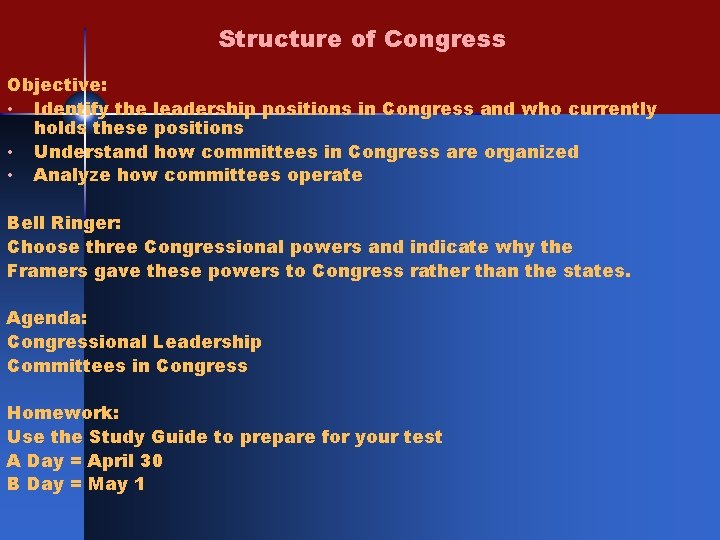 Structure of Congress Objective: • Identify the leadership positions in Congress and who currently