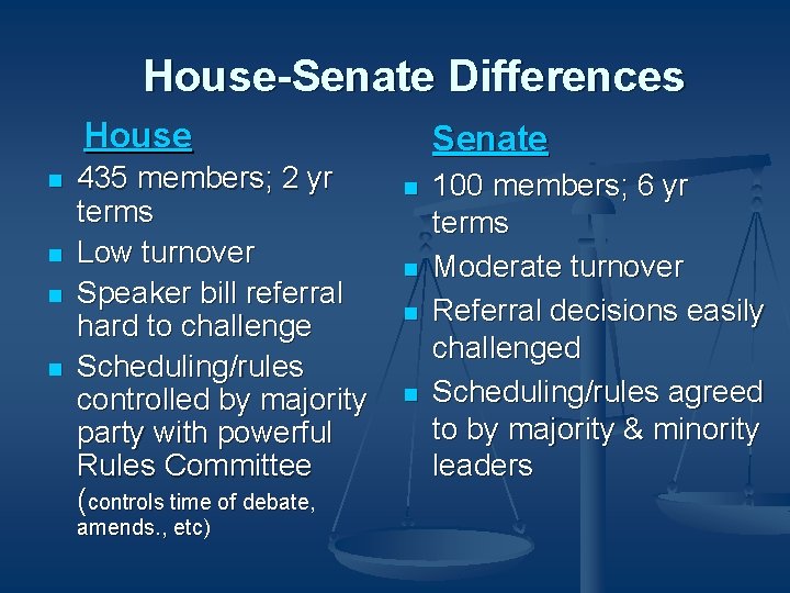 House-Senate Differences House n n 435 members; 2 yr terms Low turnover Speaker bill