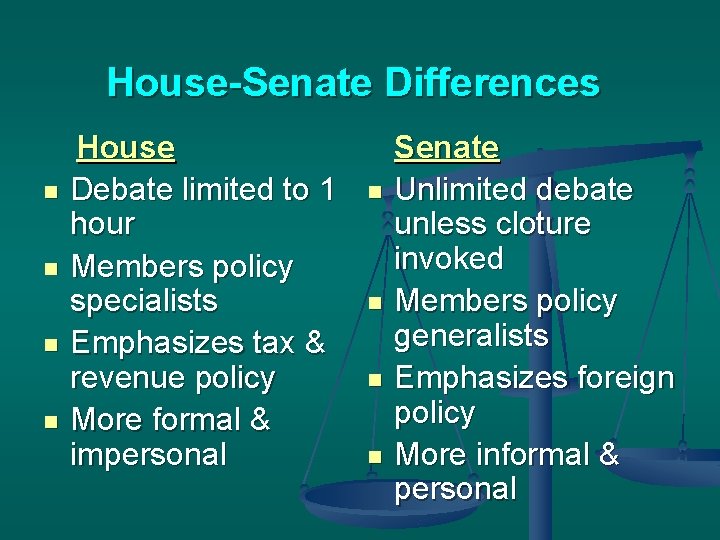 House-Senate Differences House n n Debate limited to 1 hour Members policy specialists Emphasizes