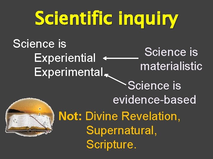 Scientific inquiry Science is Experiential Experimental. Science is materialistic Science is evidence-based Not: Divine