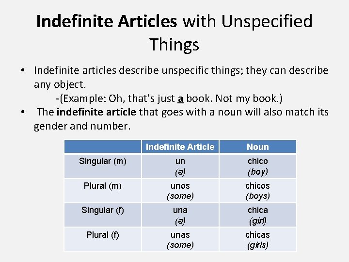 Indefinite Articles with Unspecified Things • Indefinite articles describe unspecific things; they can describe