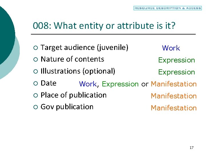 008: What entity or attribute is it? Target audience (juvenile) Work ¡ Nature of