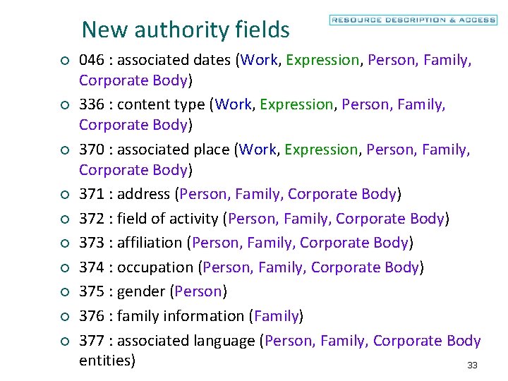New authority fields ¡ ¡ ¡ ¡ ¡ 046 : associated dates (Work, Expression,