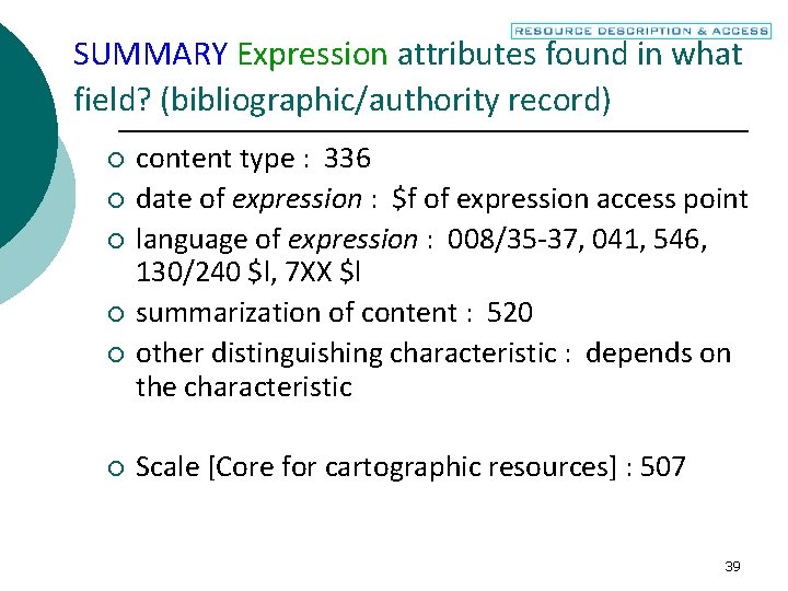 SUMMARY Expression attributes found in what field? (bibliographic/authority record) ¡ ¡ ¡ content type
